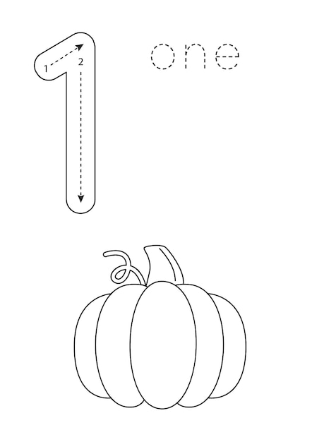 Flashcard number 1 Preschool worksheet Black and white pumpkin