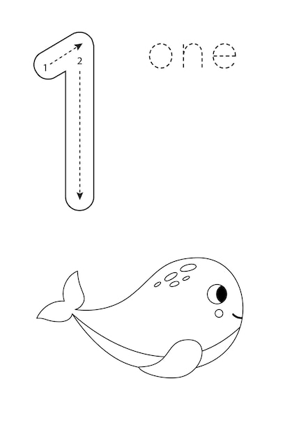 Flashcard number 1 Preschool worksheet Black and white whale