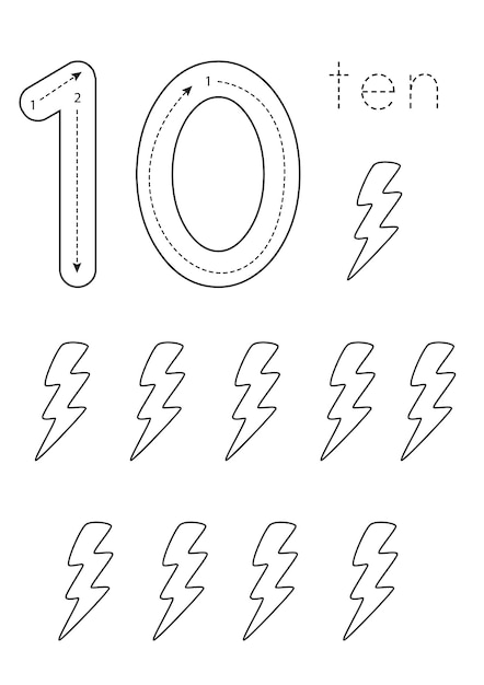 Flashcard number 10 Preschool worksheet Black and white cute lightnings