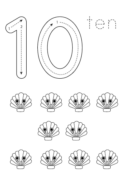 Flashcard number 10 Preschool worksheet Black and white seashells