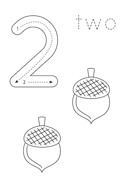 Flashcard number 2 Preschool worksheet Black and white acorns