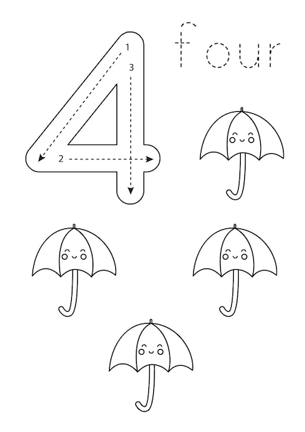 Flashcard number 4 Preschool worksheet Black and white cute umbrellas