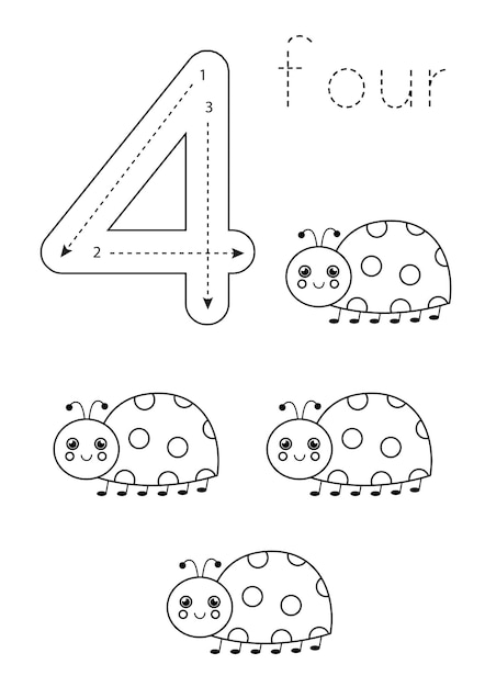 Flashcard number 4 Preschool worksheet Black and white ladybugs