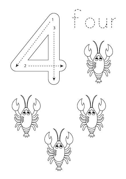 Flashcard number 4 Preschool worksheet Black and white lobsters