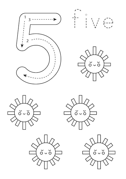 Flashcard number 5 Preschool worksheet Black and white cute suns