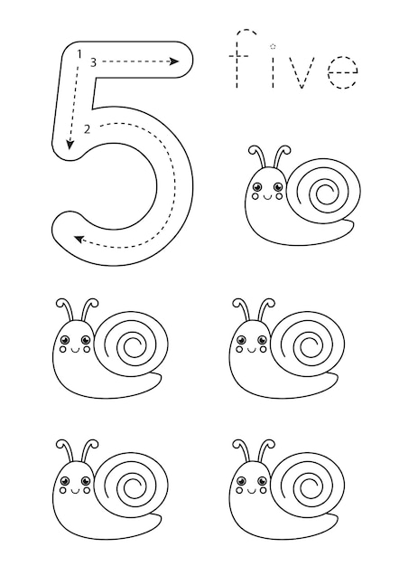 Flashcard number 5 Preschool worksheet Black and white snails