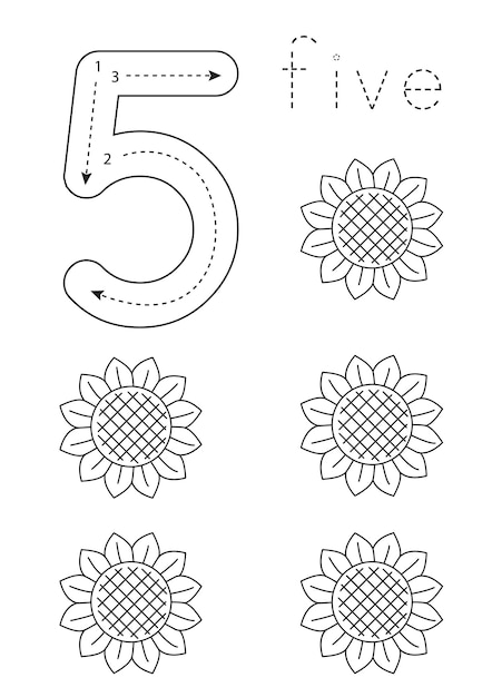 Flashcard number 5 Preschool worksheet Black and white sunflowers