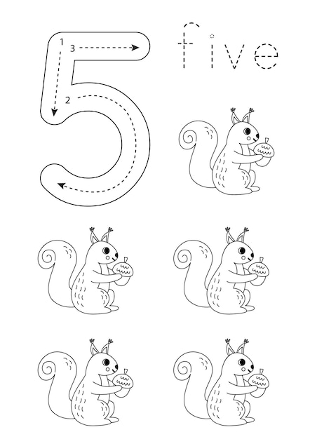 Flashcard number 5 Preschool worksheet Cute cartoon squirrels