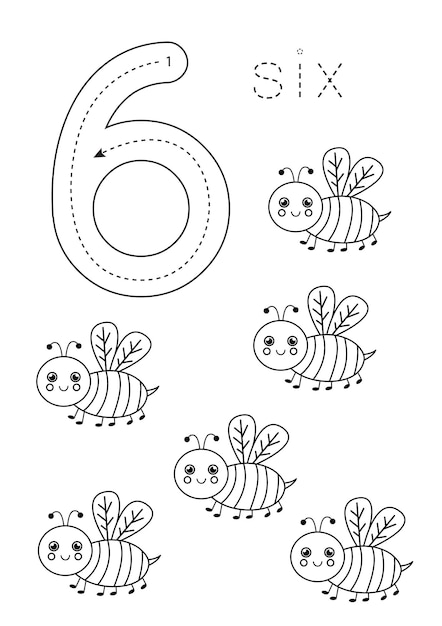 Flashcard number 6 Preschool worksheet Black and white bees