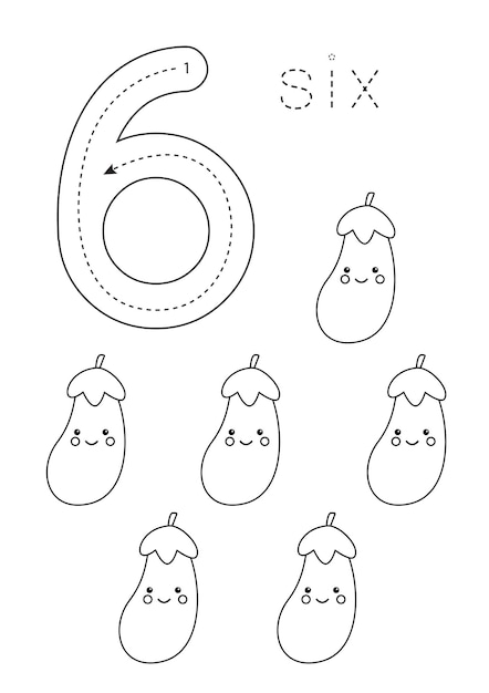 Flashcard number 6 Preschool worksheet Black and white eggplants