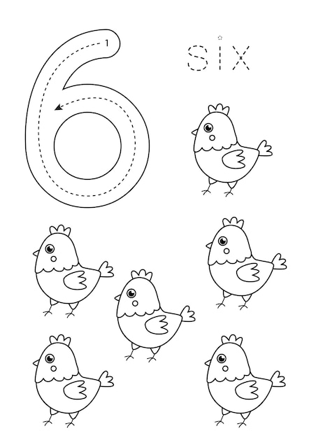 Flashcard number 6 Preschool worksheet Black and white farm animals