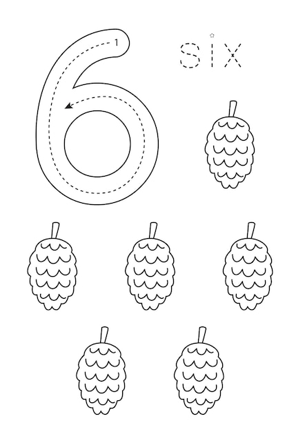 Flashcard number 6 Preschool worksheet Black and white pine cones