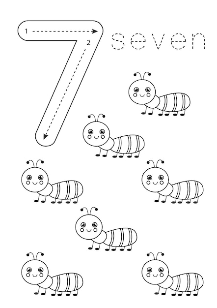 Flashcard number 7 Preschool worksheet Black and white ants