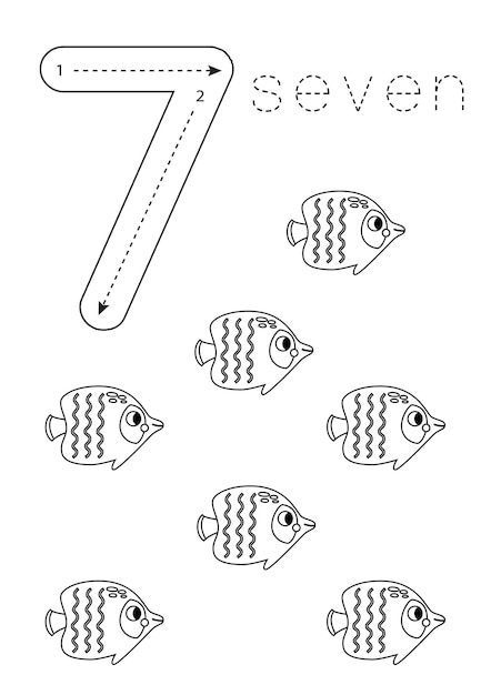 Flashcard number 7 Preschool worksheet Black and white butterfly fish