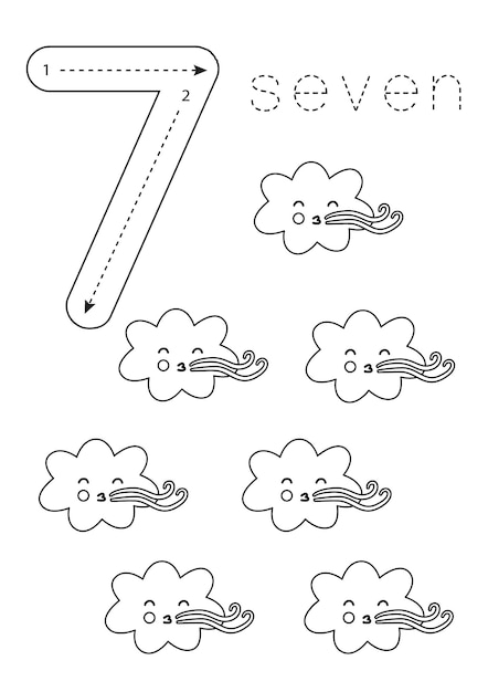 Flashcard number 7 Preschool worksheet Black and white cute windy clouds