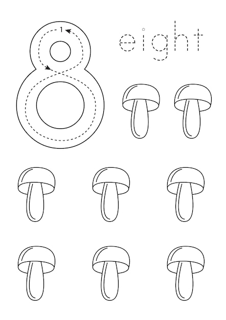 Flashcard number 8 Preschool worksheet Black and white mushrooms