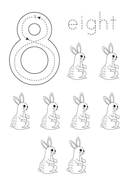 Flashcard number 8 Preschool worksheet Cute cartoon rabbits