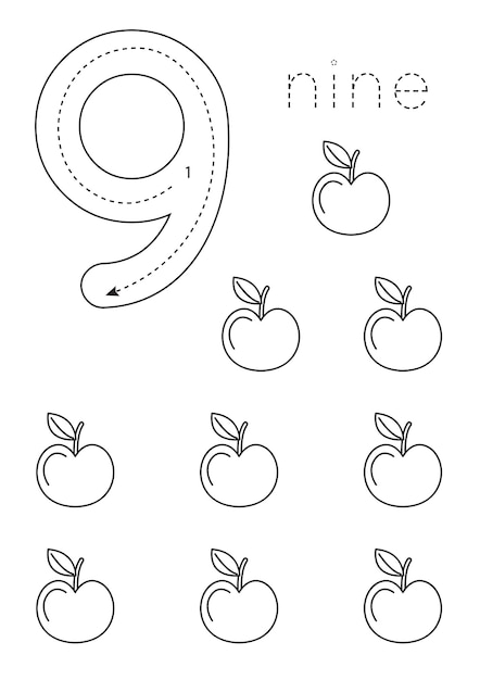 Flashcard number 9 Preschool worksheet Black and white apples