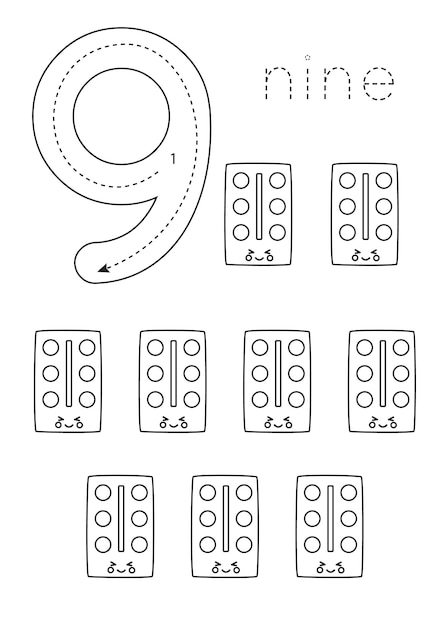 Flashcard number 9 Preschool worksheet Black and white paints