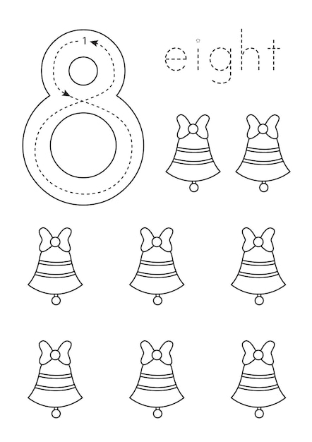 Flashcard number eight Preschool worksheet Christmas bells