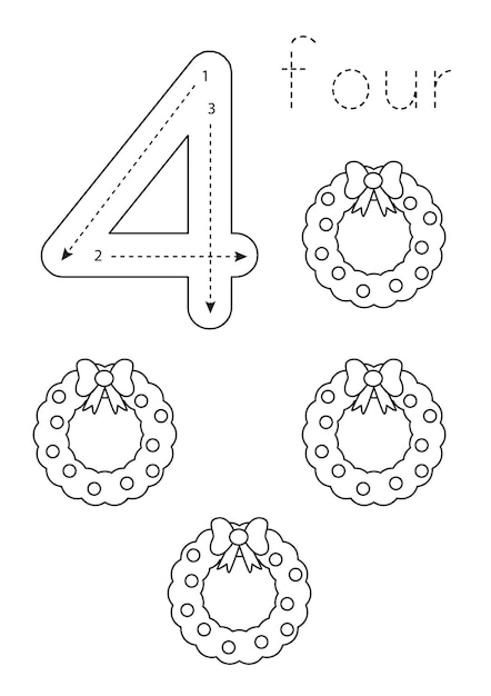 Flashcard number four Preschool worksheet Christmas wreaths