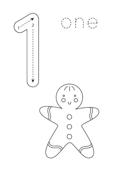 Flashcard number one Preschool worksheet Christmas cookie