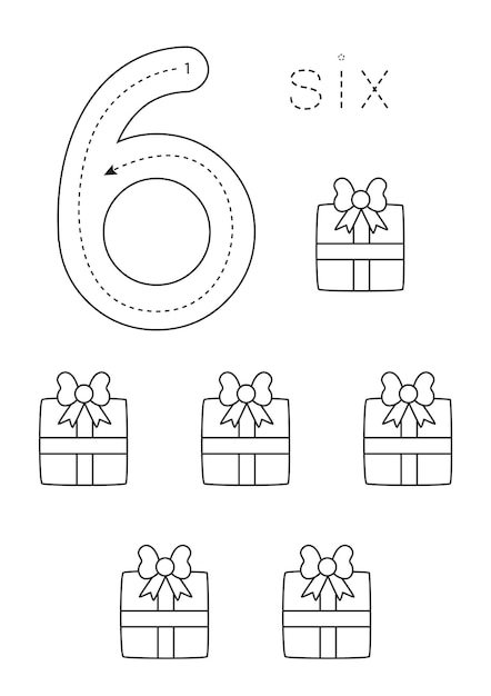 Flashcard number six Preschool worksheet Christmas presents