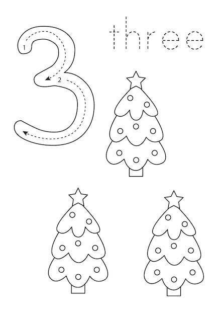 Flashcard number three Preschool worksheet Christmas tree