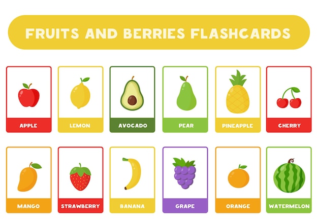 Flashcards for kids with cute cartoon fruits and berries. Educational cards.