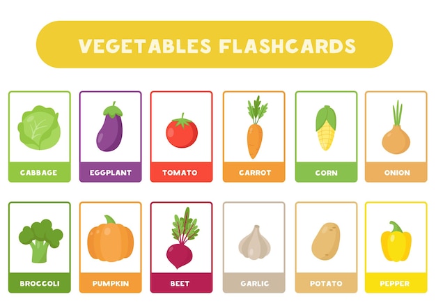 Flashcards for kids with cute cartoon vegetables. Educational cards.