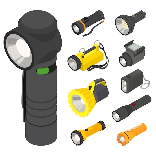 Flashlight icons set, isometric style