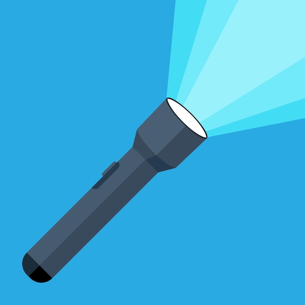 Flashlight with a bright beam. Pocket flashlight. Light source. LED light. Vector illustration