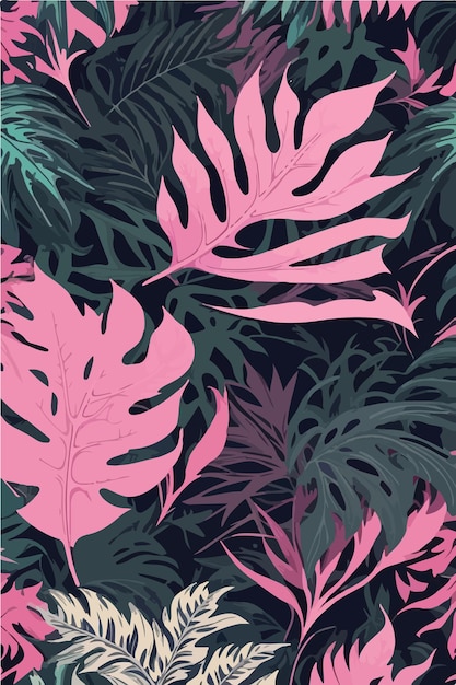 Flat 2D Vector Pink and Grey Monstera Leaves Design Repeating Pattern