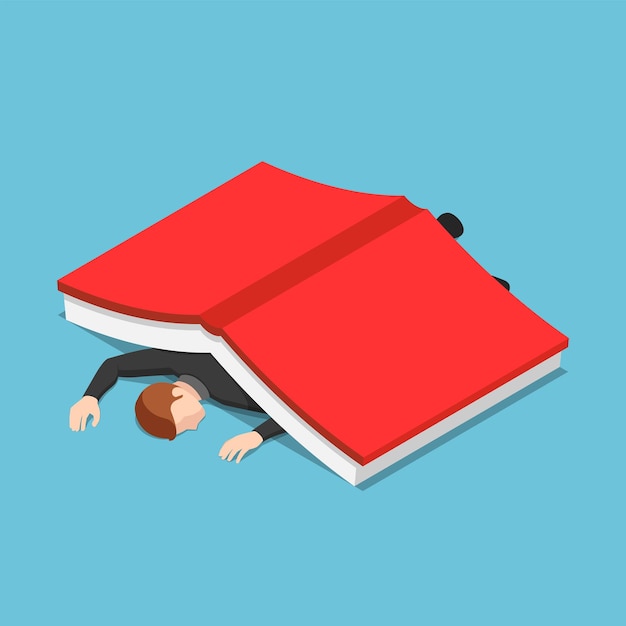 Flat 3d isometric businessman under the big book. Education and information overload concept.