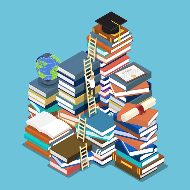 Flat 3d isometric businessman climbing ladder to graduation cap. Education concept.