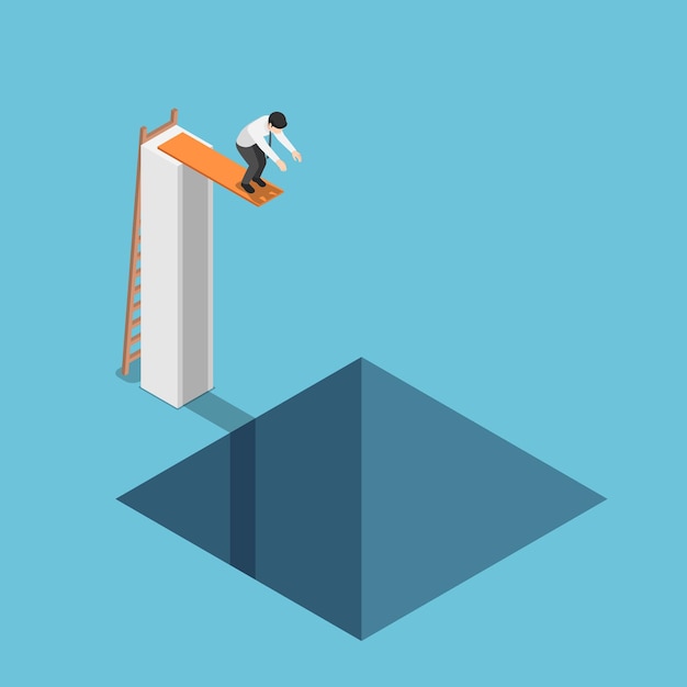 Flat 3d isometric businessman at the highest point ready to jump into the hole. Depressed and business failure concept.