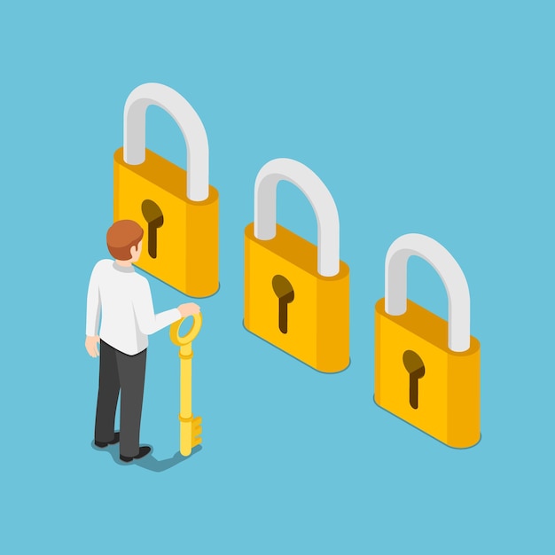 Flat 3d isometric businessman holding golden key and thinking in front of three golden lock. Business choice and opportunity concept.