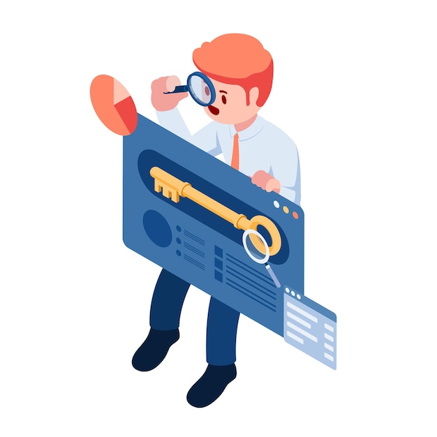 Flat 3d Isometric Businessman Holding Magnifying Glass with Search Engine Web Page. Keyword Research and Internet Information and Data Concept.