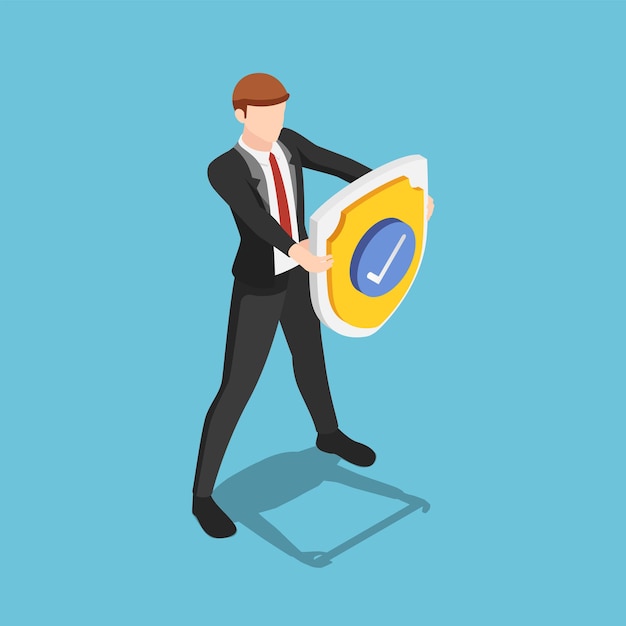 Flat 3d isometric businessman is holding a shield with check mark