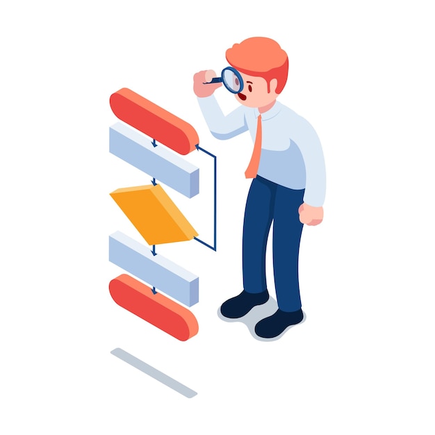 Flat 3d Isometric Businessman Looking at Flow Chart Through Magnifier. Business Analysis and Work Flow Concept.