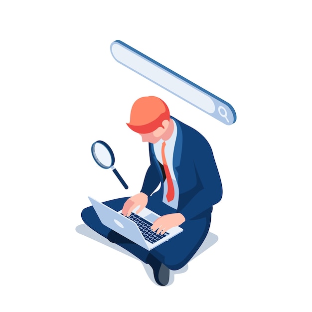 Flat 3d Isometric Businessman Using Search Engine Website for Information. Data Search and Search Engine Optimization Technology Concept.