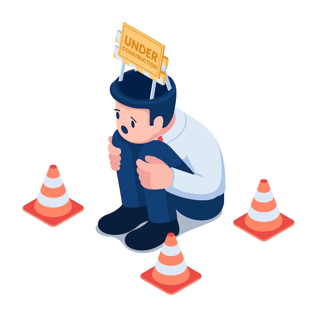 Flat 3d Isometric Businessman with Construction Sign Inside His Head. Out of Idea and No Inspiration Concept.