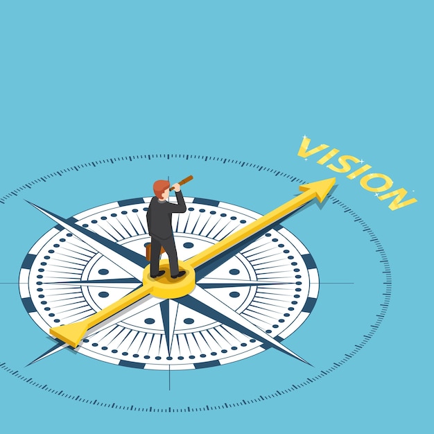 Vector flat 3d isometric businessman with spyglass telescope on compass that point to vision word. business vision concept.