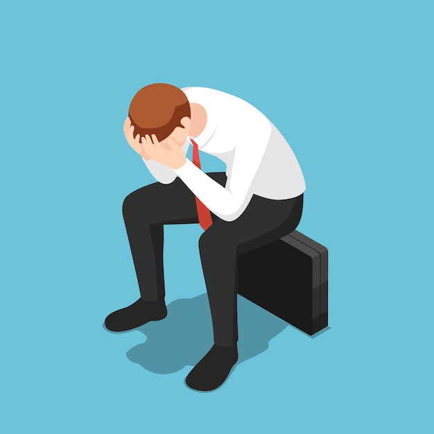 Flat 3d isometric depressed businessman facepalm or cover his face by hands sit on business briefcase. Business failure and fired concept.