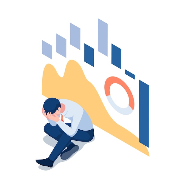 Flat 3d Isometric Depressed Businessman with Falling Stock Market Graph in Background. Financial Crisis and Bankruptcy Concept.