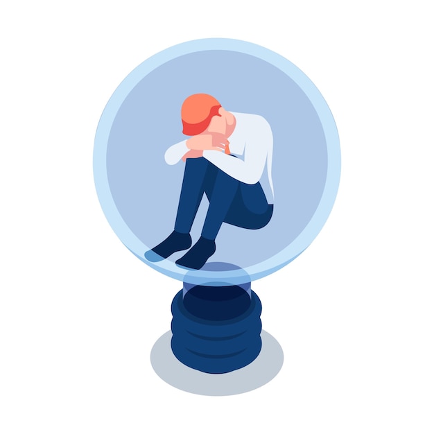 Flat 3d Isometric Desperate Businessman Sitting Inside Light Bulb. Lack of success and Out of Idea Concept.