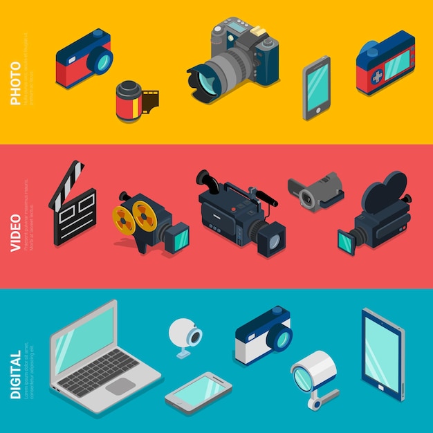 Flat 3d isometric digital electronics computer photo video equipment icon set concept