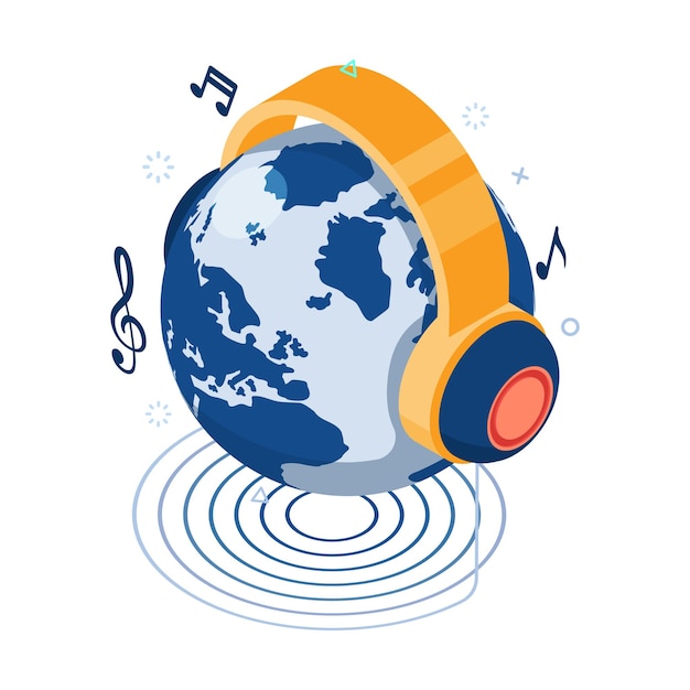 Flat 3d Isometric Earth Globe with Headphone. World Music Day Concept.