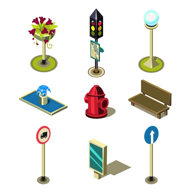 Flat 3d Isometric High Quality City Street Urban Objects Icon Set