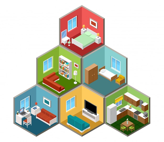 Flat 3d isometric house interior